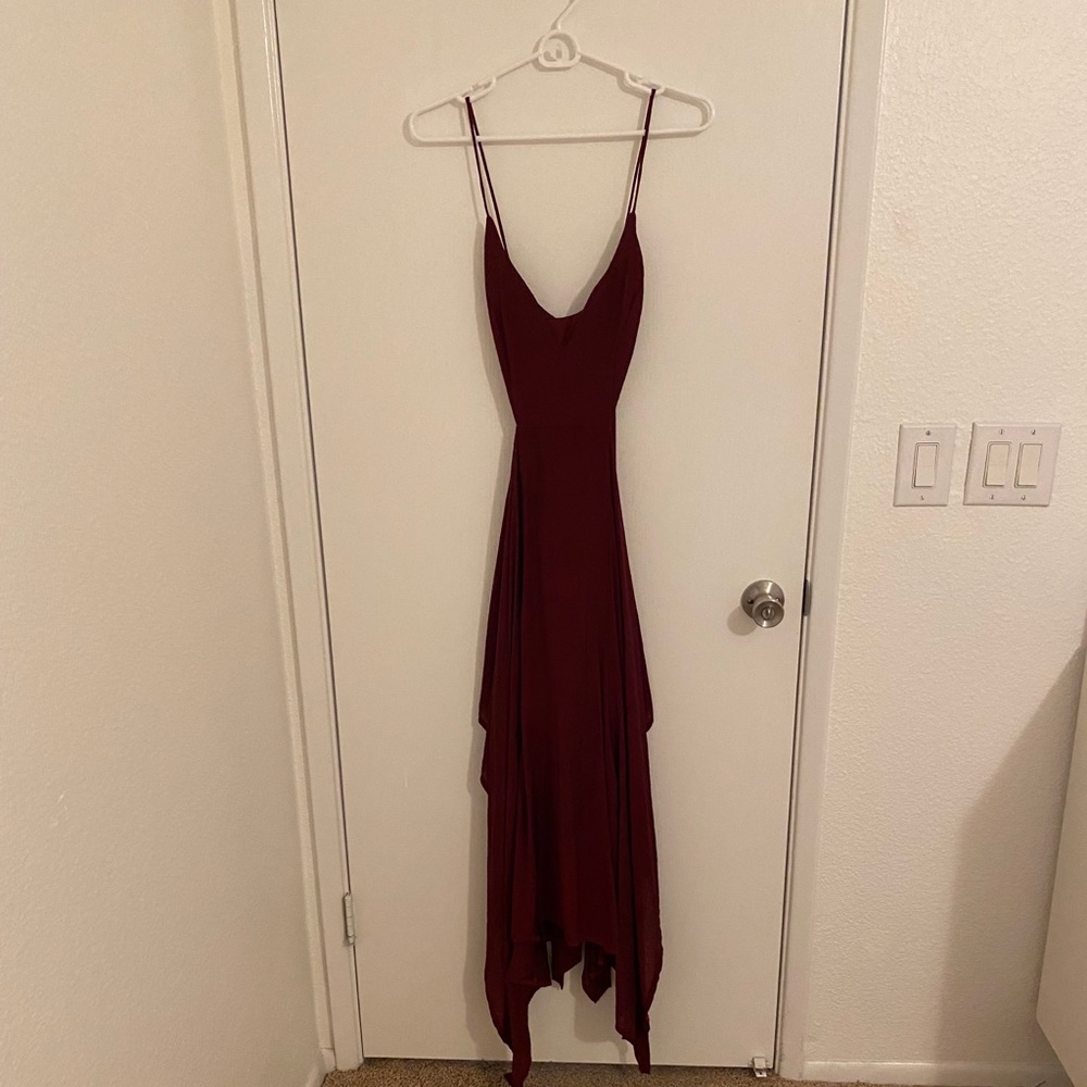 Maroon high low dress.